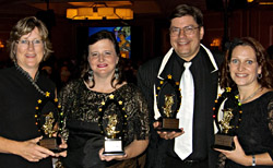 Maurer Productions was awarded a 2012 Perry Award for its production of “AIDA,” in the category of Outstanding Costume Design for a Musical.  Pictured from left are Perry Award winners Kathy Slothower, Diana Maurer, John Maurer, and Laurie Gougher.  Not pictured is Tina Heines.  Photo by Robert Gougher